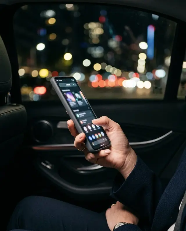 An executive checking CXTIME on an Android phone in the back of a car at night