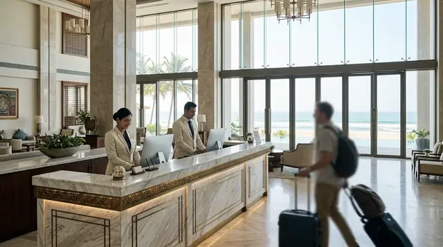 A grand hotel lobby with the reception desk in the foreground