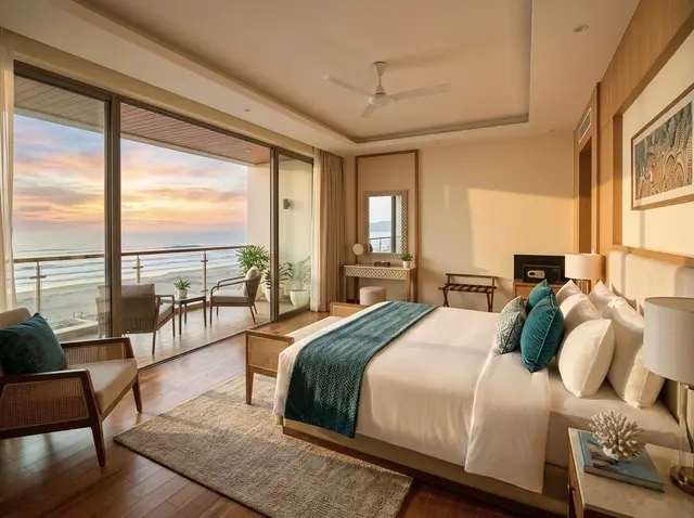 A hotel room with a sea view through the window