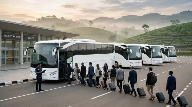 A fleet of tour coaches waiting at a terminal